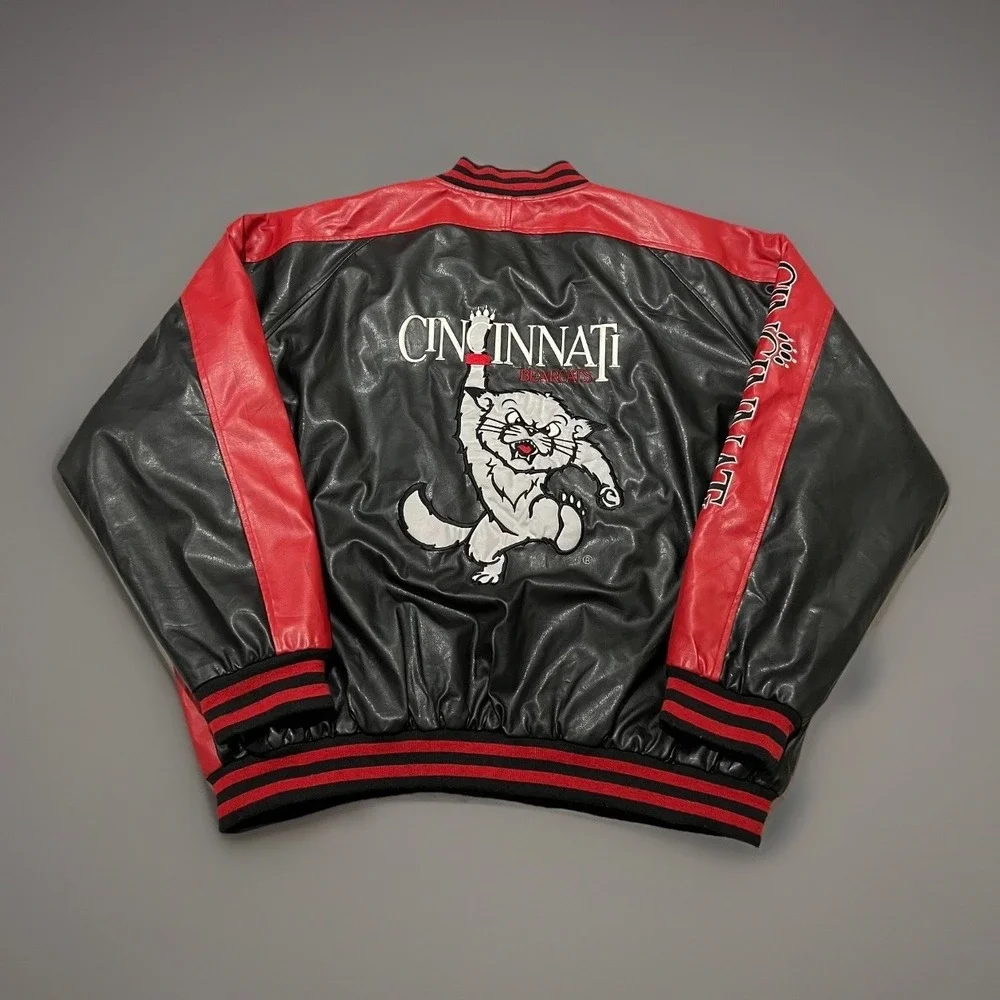 Vtg Steve & Barrys Mens Black Red Cincinnati Bearcats Faux Bomber Jacket 2XL